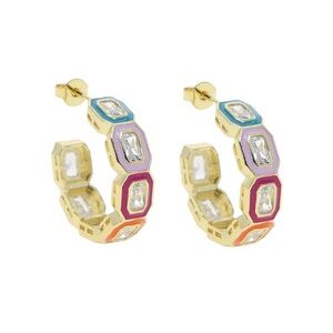 Goldtone Multicolor Enamel Hoop Earrings with Crystals